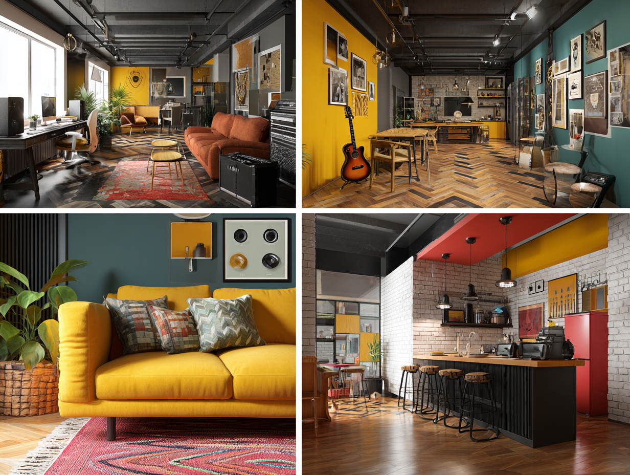 Collage of different interiors — apartment, office, restaurant, music studio